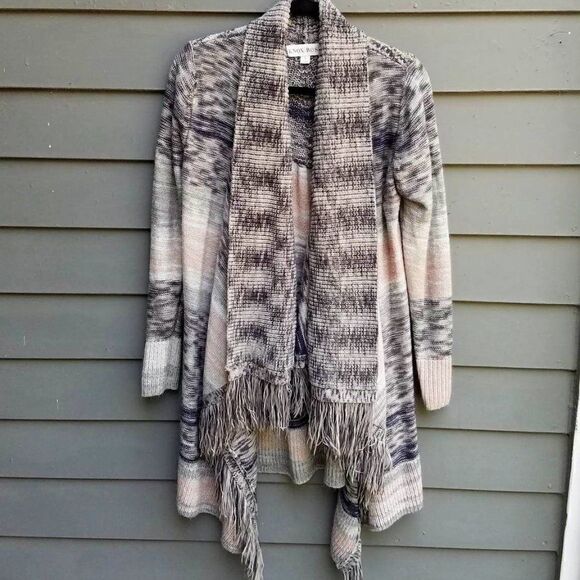 Knox Rose Pink Gray Open Front Cardigan with Fringe size 1 - Picture 1 of 12